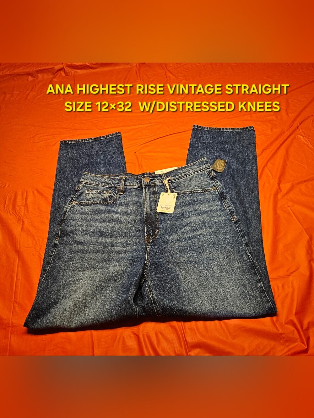 ana Highest Rise Dark Rinse Denim Straight Long w/Distressed Knees sz12×32" NWT